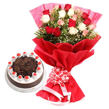 12 Roses with Half kg Blackforest cake product1302